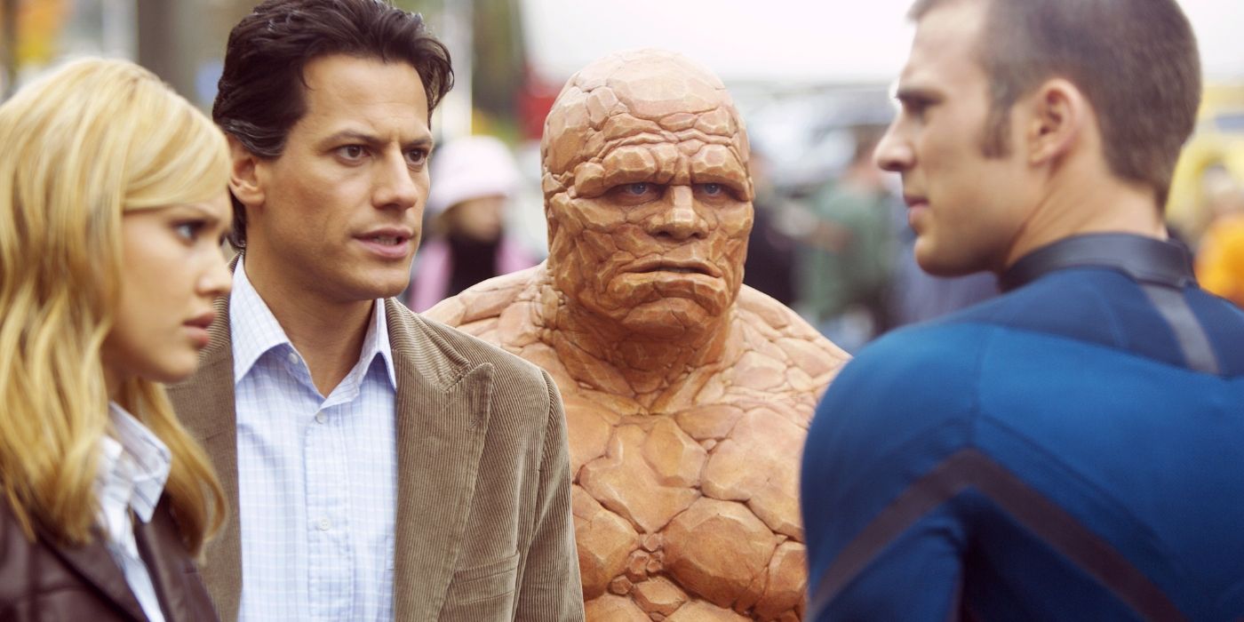 Chris Evans as Johnny Storm being confronted by Jessica Alba as Sue Storm, Michael Chiklis as Ben Grimm, and Ioan Gruffudd as Reed Richards in Fantastic Four (2005)