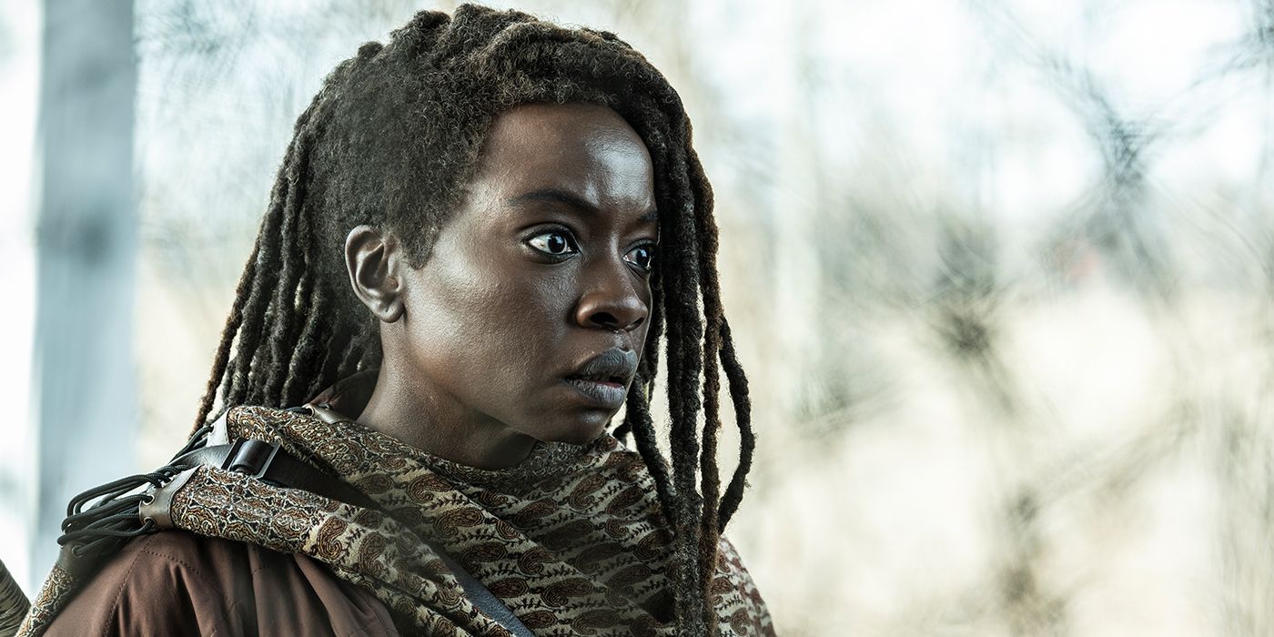 A close-up of Michonne from The Walking Dead: The Ones Who Live looking scared.