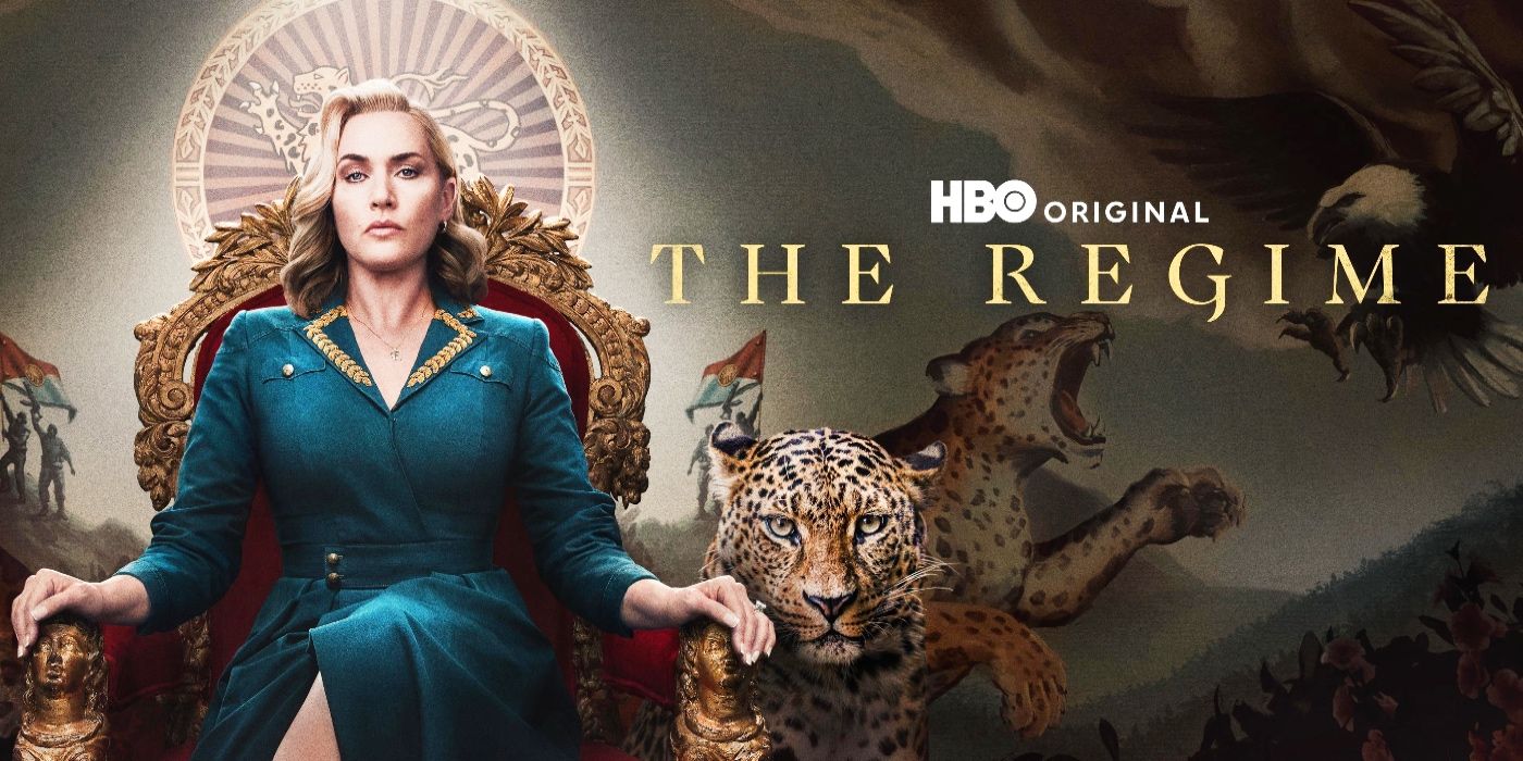 Kate Winslet as Chancellor Elena Vernham sitting on a throne wearing a dress with animals next to her in The Regime