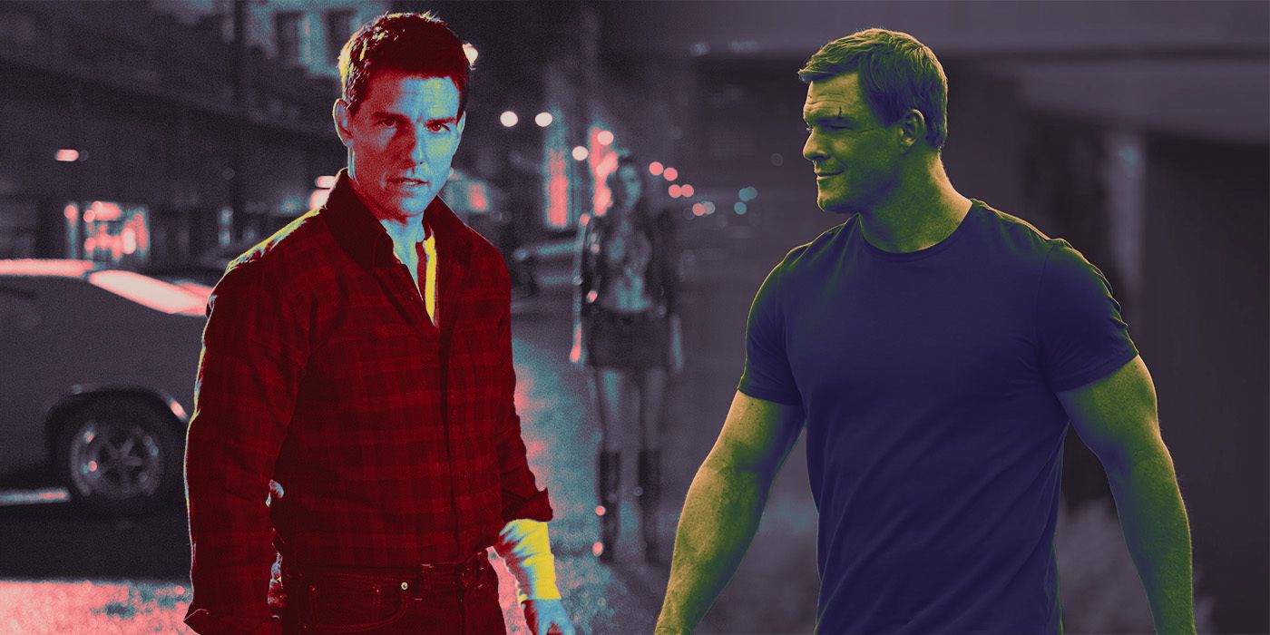 Tom Cruise as Jack Reacher in Jack Reacher, and Alan Ritchson as Jack Reacher in Reacher in an edited image