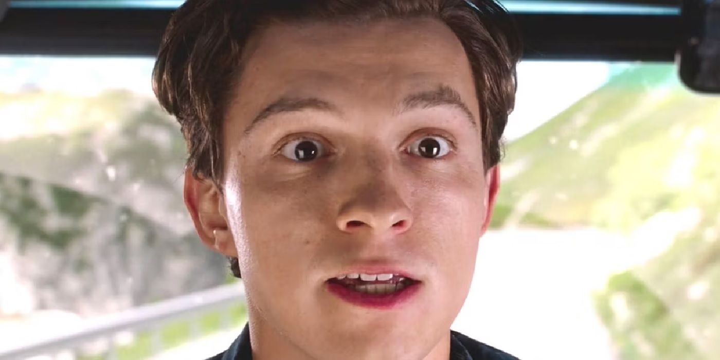 Tom Holland looking shocked as Peter Parker in Spider-Man Far From Home