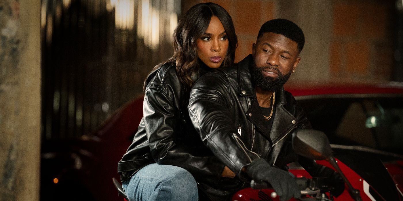 Trevante Rhodes and Kelly Rowland in Mea Culpa on a motorcycle