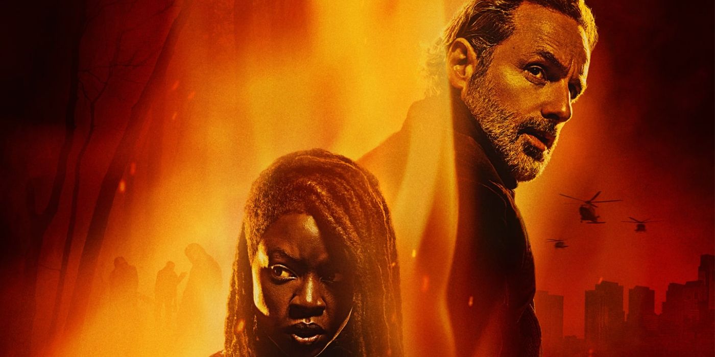 Andrew Lincoln as Rick Grimes turning around with Danai Gurira as Michonne in The Walking Dead: The Ones Who Live