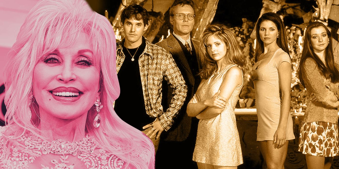 A custom image of Dolly Parton overlayed onto the cast of Buffy the Vampire Slayer