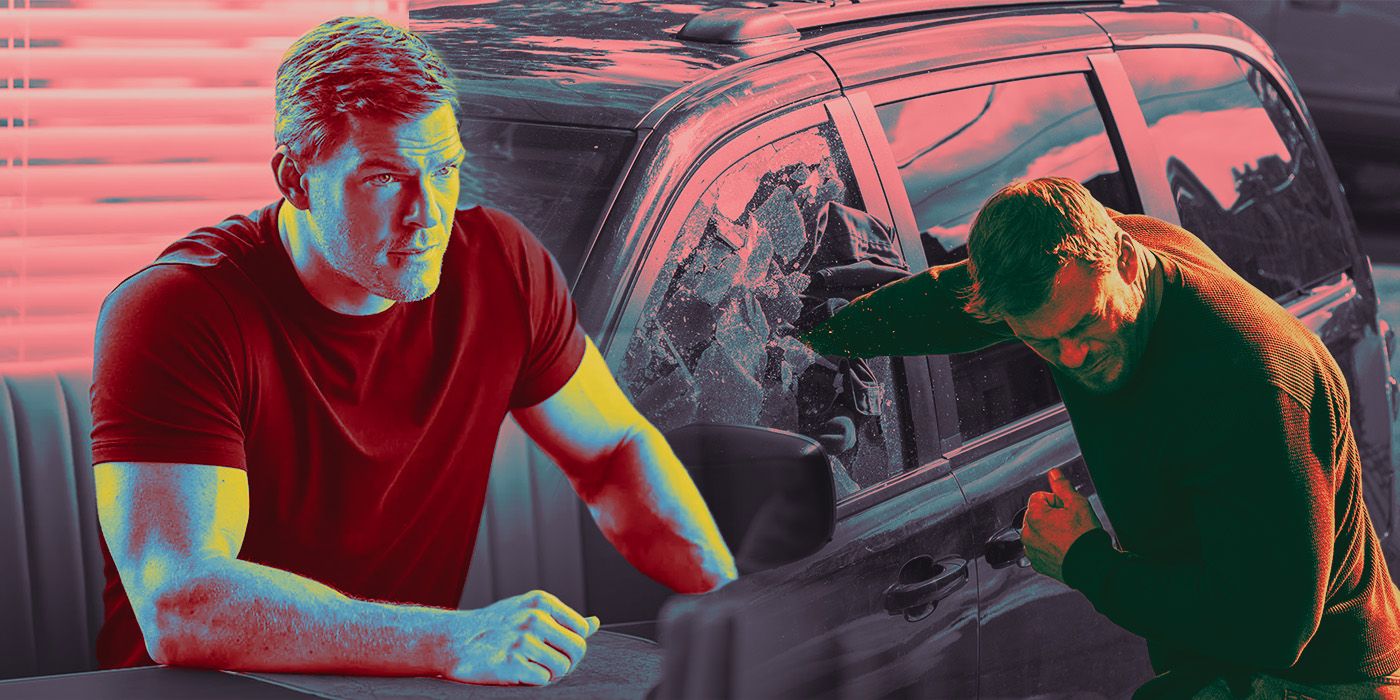 An edit of Alan Ritchson as Jack Reacher sitting at a diner and smashing a window of a car in Reacher