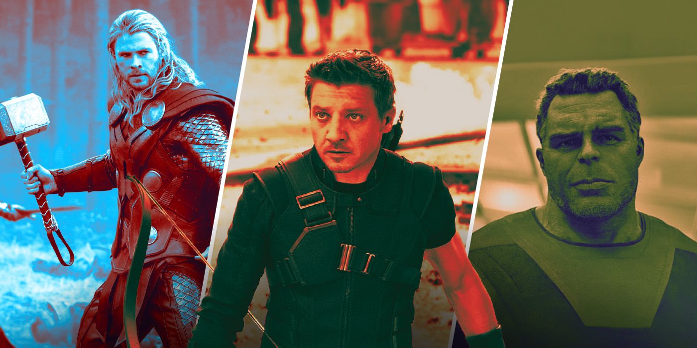 An image of Thor from Thor: The Dark World, Hawkeye from Captain America: Civil War, and The Hulk from Avengers: Endgame