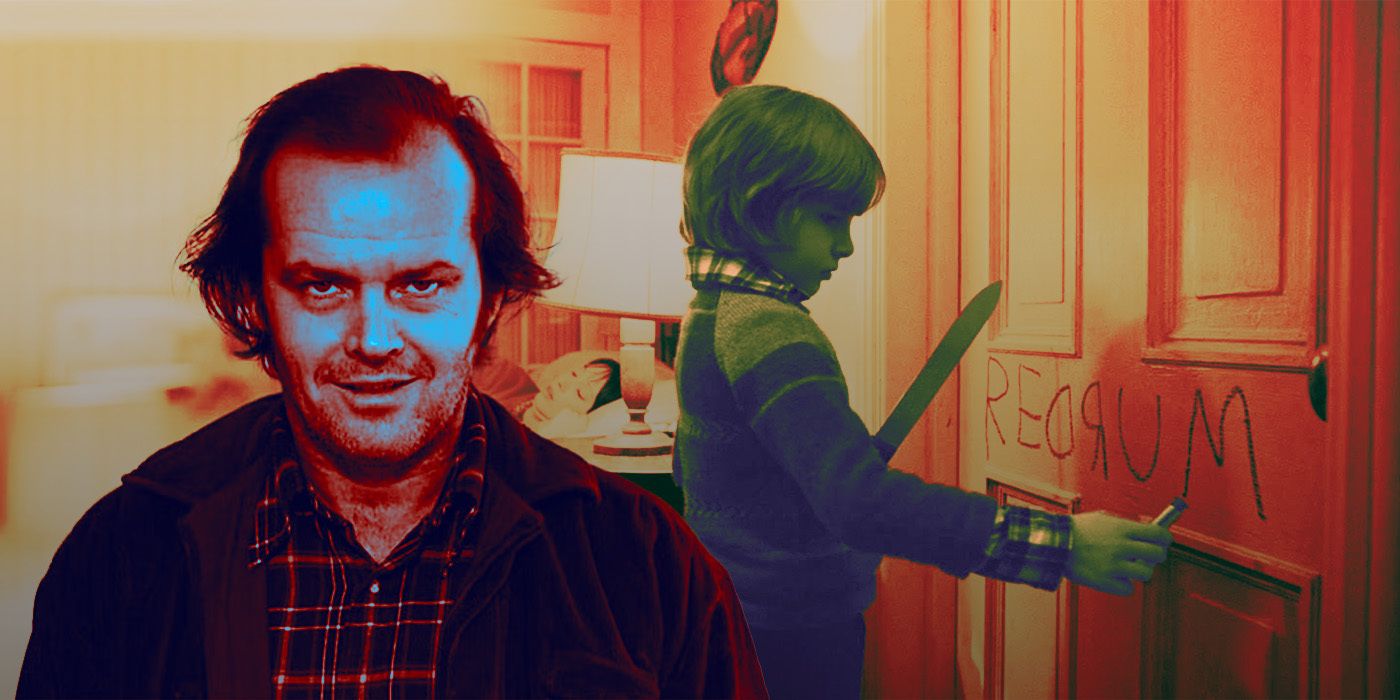 Jack Nicholson as Jack Torance looks into the green bathroom, and Danny Torance writes redrum on the bedroom door in The Shining