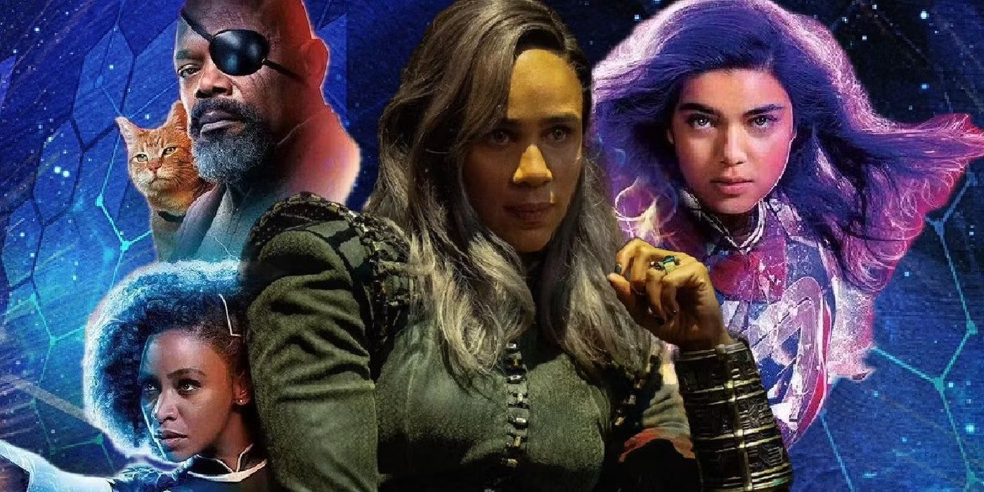 Zawe Ashton as Dar-Benn surrounded by other characters from The Marvels-1