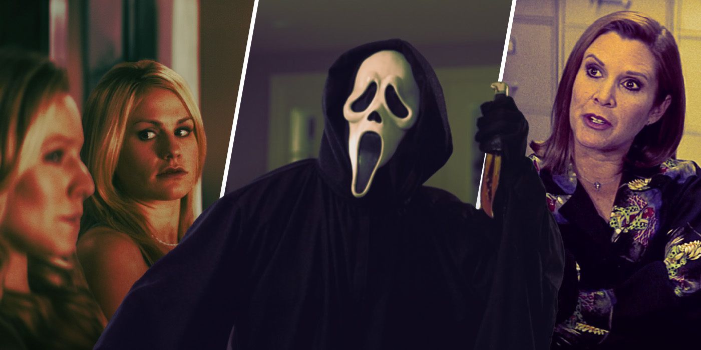 Kristen Bell and Anna Paquin from Scream 4, Ghostface, and Carrie Fisher from Scream 3