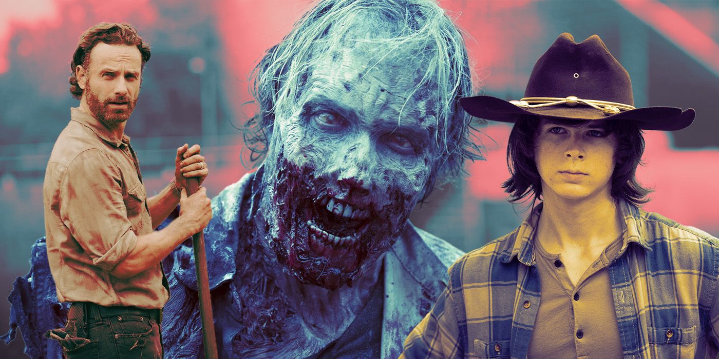 Rick Grimes, a Zombie, and Carl Grims from The Walking Dead