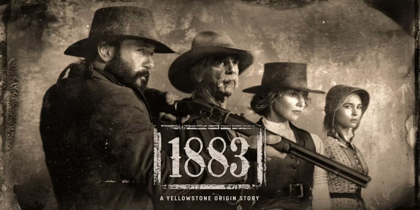 Tim McGraw as James Dutton, Sam Elliott as Shea Brennan, Faith Hill as Margaret Dutton, and Isabel May as Elsa Dutton in 1883