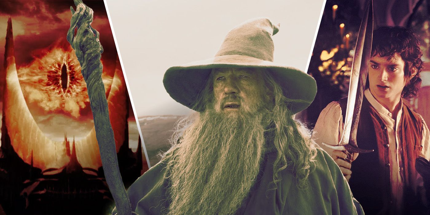 Sauron, Ian McKellen as Gandalf, and Elijah Wood as Frodo Baggins holding Sting