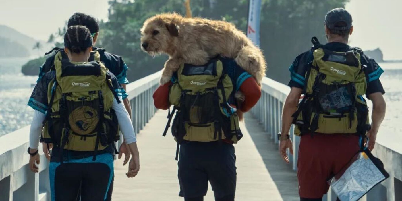 A group of professional athletes and runners walking across a bridge while a man carries a dog in Arthur the King