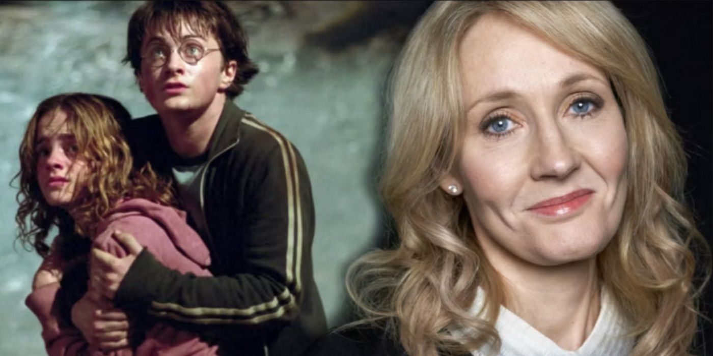 A scene of Harry Potter and Hermione in trouble and J K Rowling superimposed