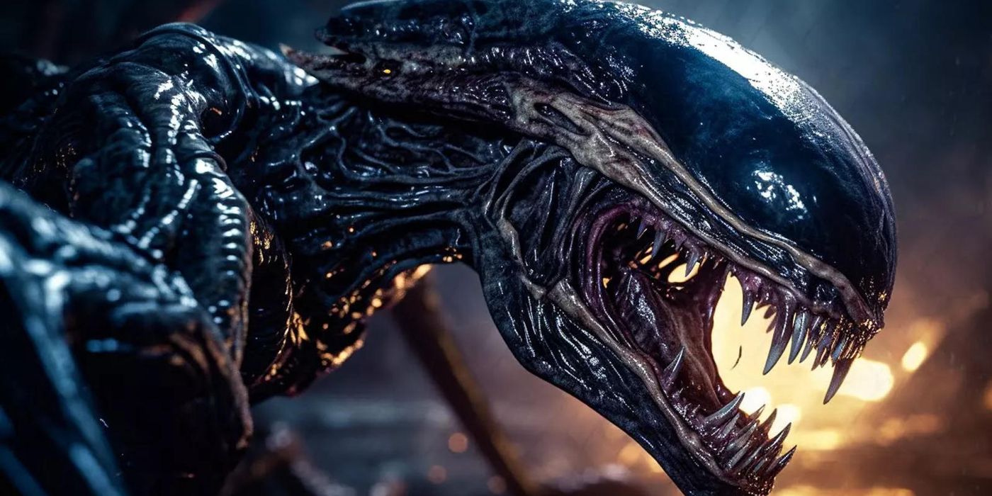 A creature shows its fangs in Alien: Romulus