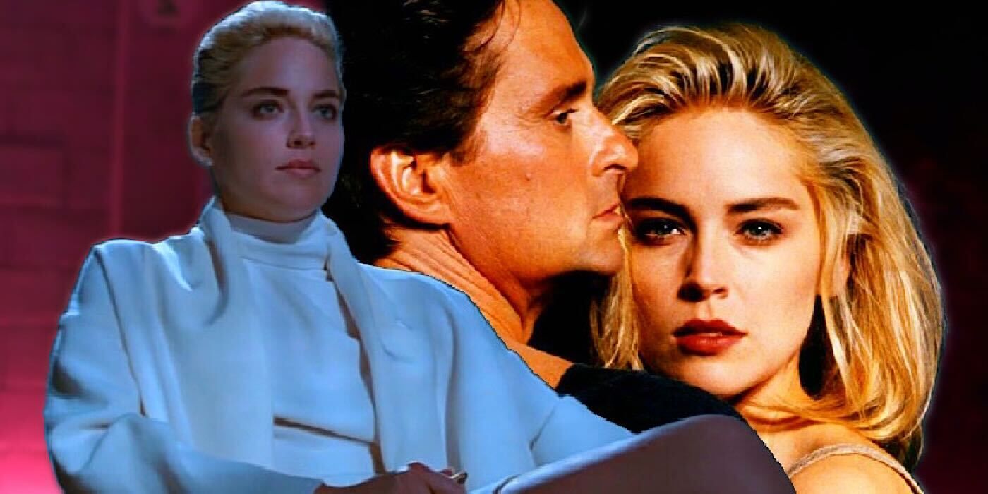 Basic Instinct's Sharon Stone in while and holding Michael Douglas