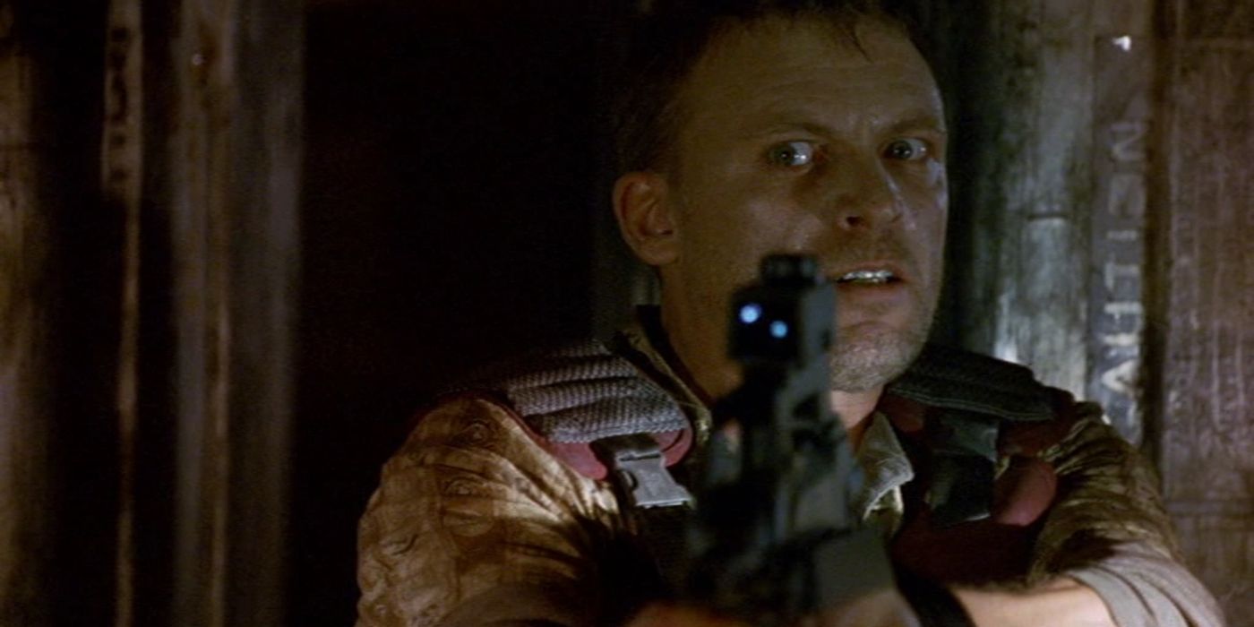 Leoben aims a gun in Battlestar Galactica