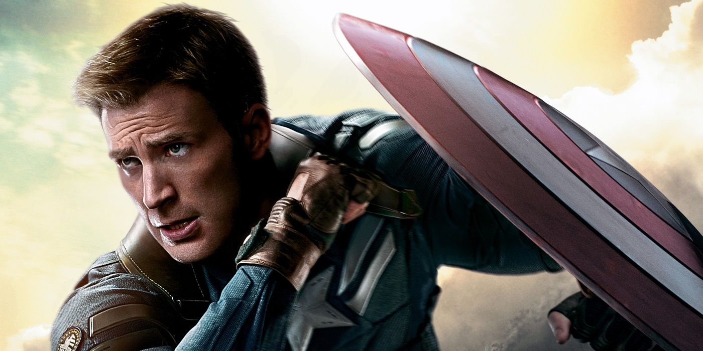 Chris Evans as Captain America and wielding his shield.