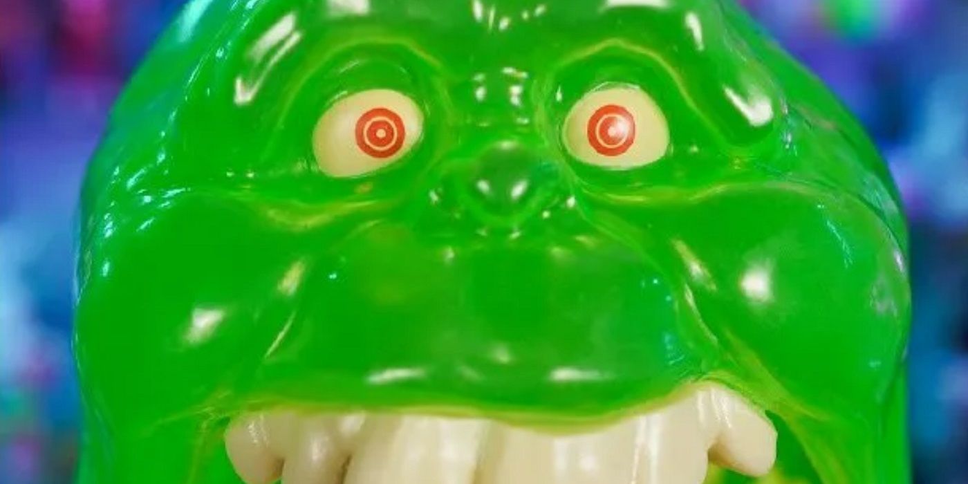 Close up view of a Ghostbusters popcorn bucket in the likeness of Slimer