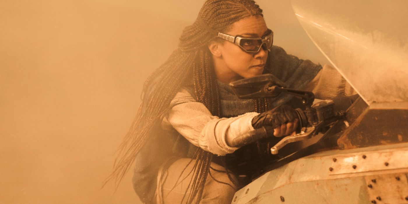 A woman races in the sand in season five episode one of Star Trek: Discovery