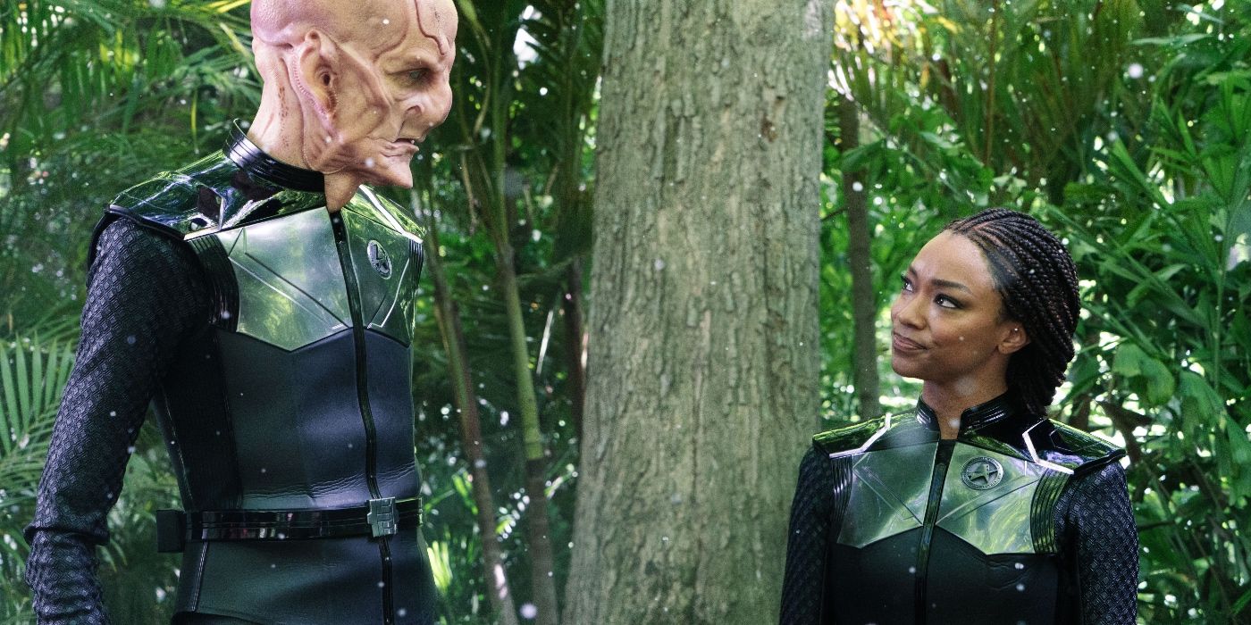 Star Trek: Discovery episode two season five with characters in the woods