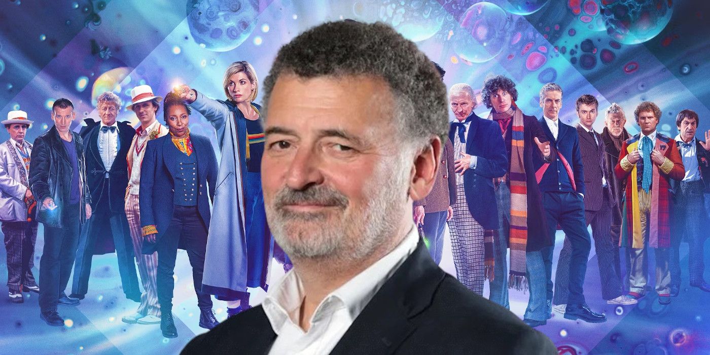 Steven Moffat over an image of all the Doctor's from Doctor Who