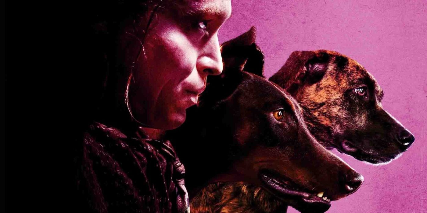 Caleb Landry Jones as Douglas Munrow with two dogs next to him in the poster for DogMan