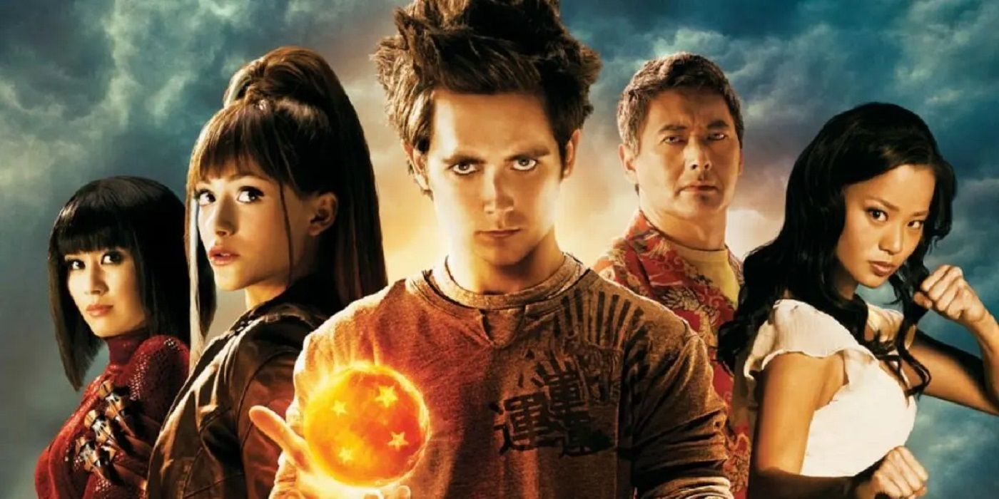 Dragonball Evolution poster featuring main cast an an orange orb
