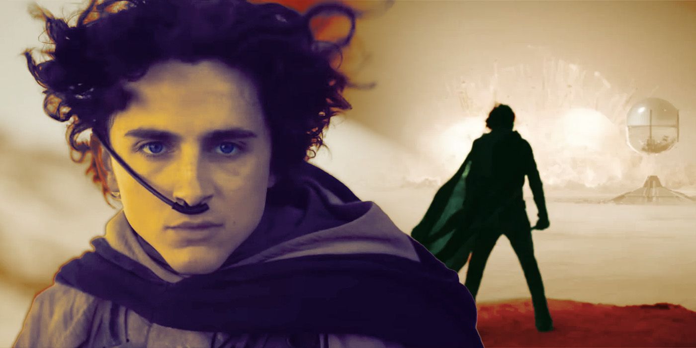 Timothee Chalamet as Paul Atreides looking at the camera and at an explosion in an edited image of Dune: Part Two
