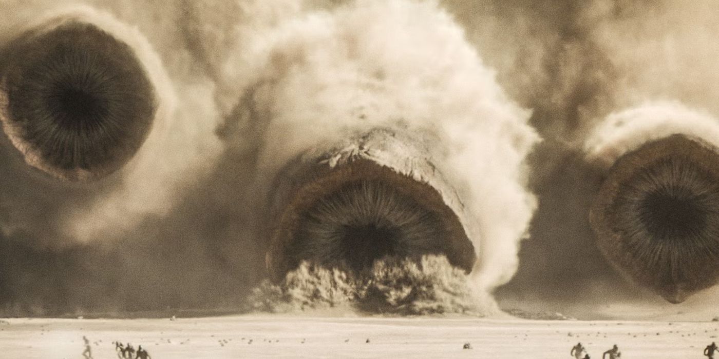 The sandworms on the planet of Arrakis attacking the emperor's army in Dune Part Two