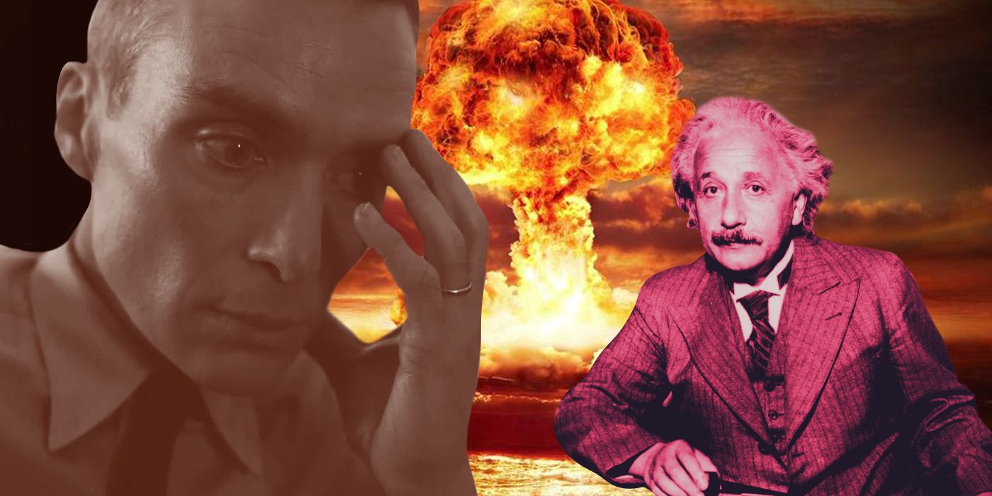 Albert Einstein wearing a suit with Cillian Murphy as Oppenheimer and an explosion behind them in an edited image