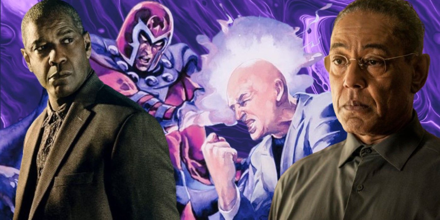 Denzel Washington & Giancarlo Esposito in front of Prof. X and Magneto fighting.