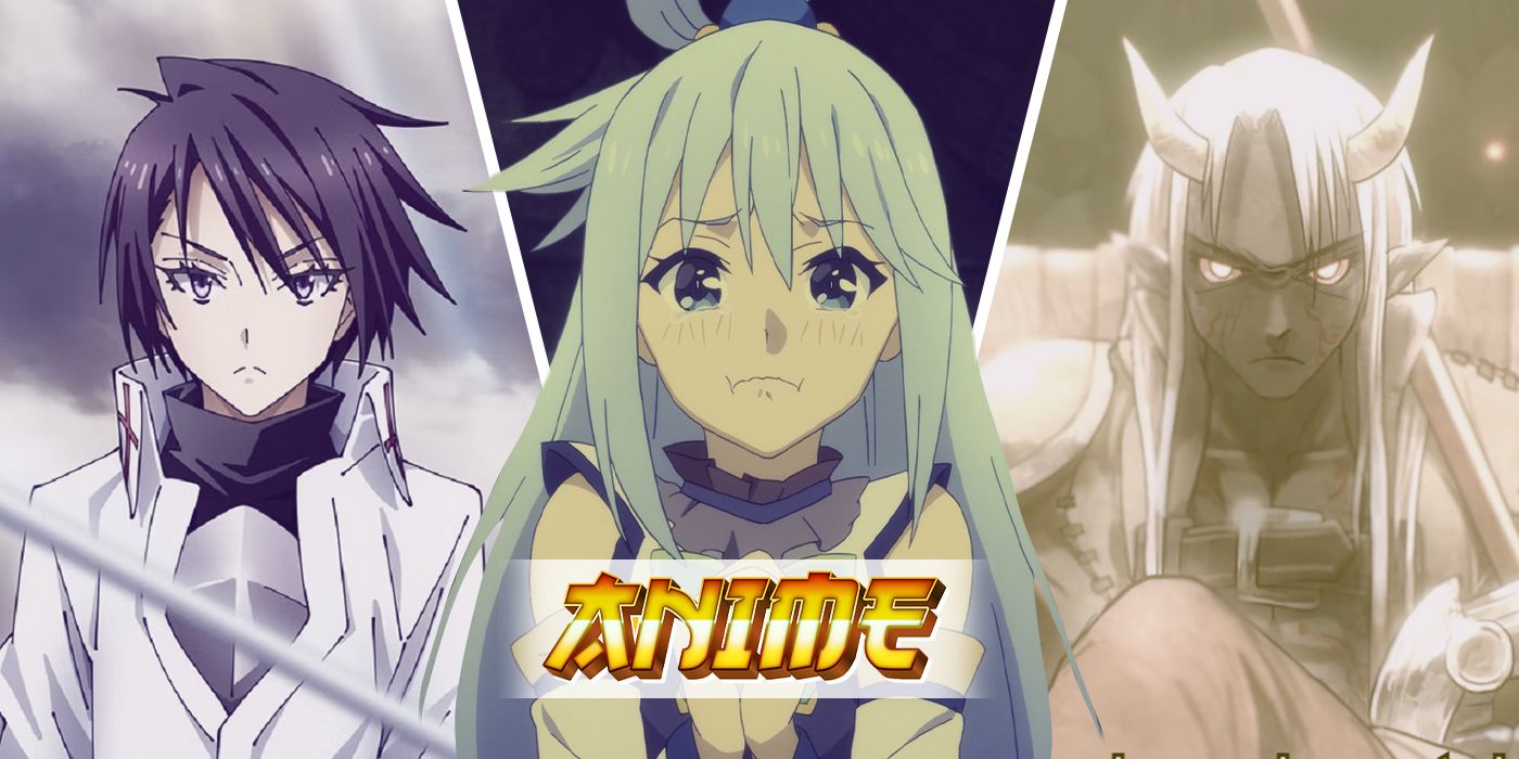 An edited image of three anime shows including That Time I Got Reincarnated as a Slime, Re: Monster, Konosuba