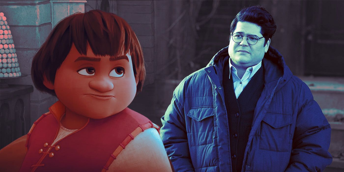 Harvey Guillén wearing a coat and as his Wish character Gabo