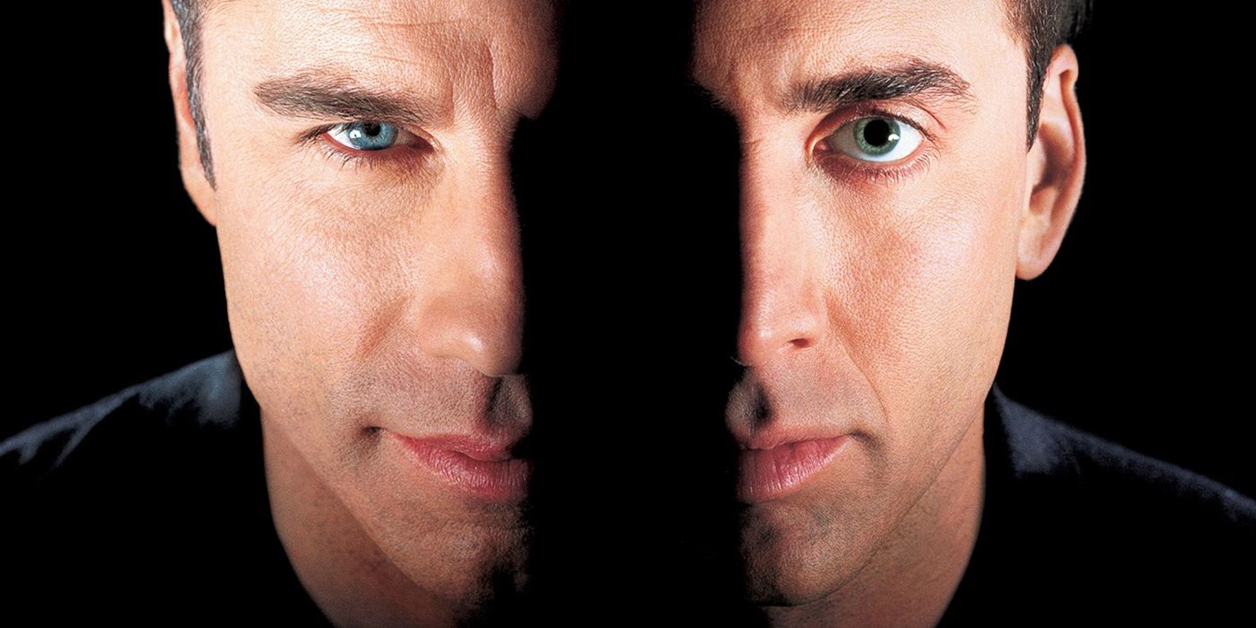 John Travolta and Nicolas Cage facing forward in Face/Off.