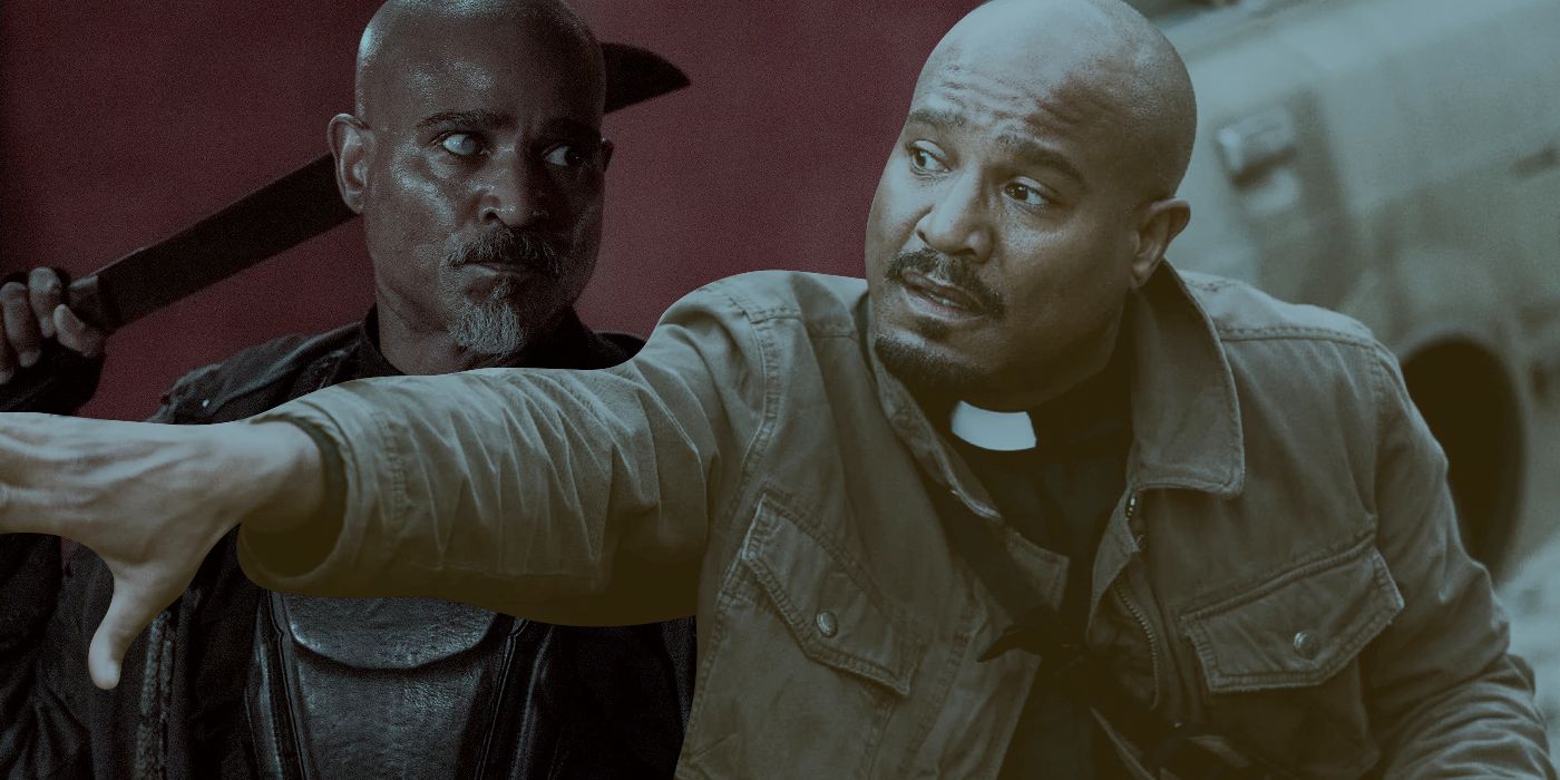 Seth Gilliam as Father Gabriel wearing a priest outfit and holding a machete in an edited image of The Walking Dead