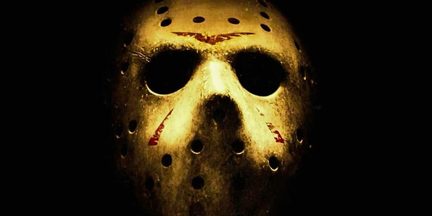 Jason Vorhees' mask in Friday the 13th with a dark black background