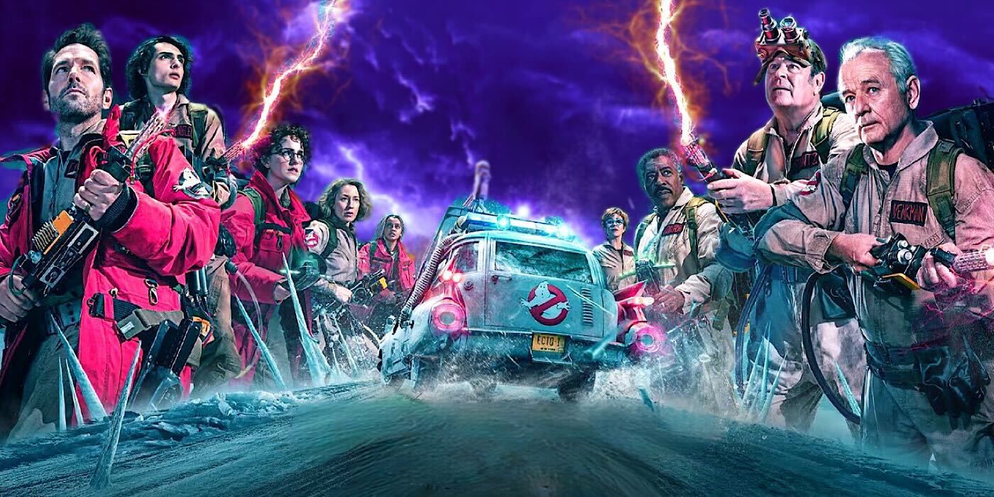 Ghostbusters Frozen Empire cast with Ecto1 and dark background