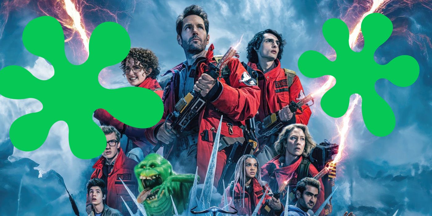 The cast of Ghostbusters: Frozen Empire surrounded by green splats.