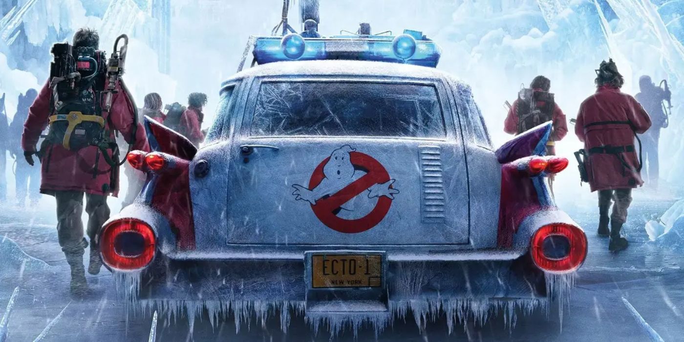 Ghostbusters: Frozen Empire Review with cast pushing ghostmobile across Brooklyn Bridge