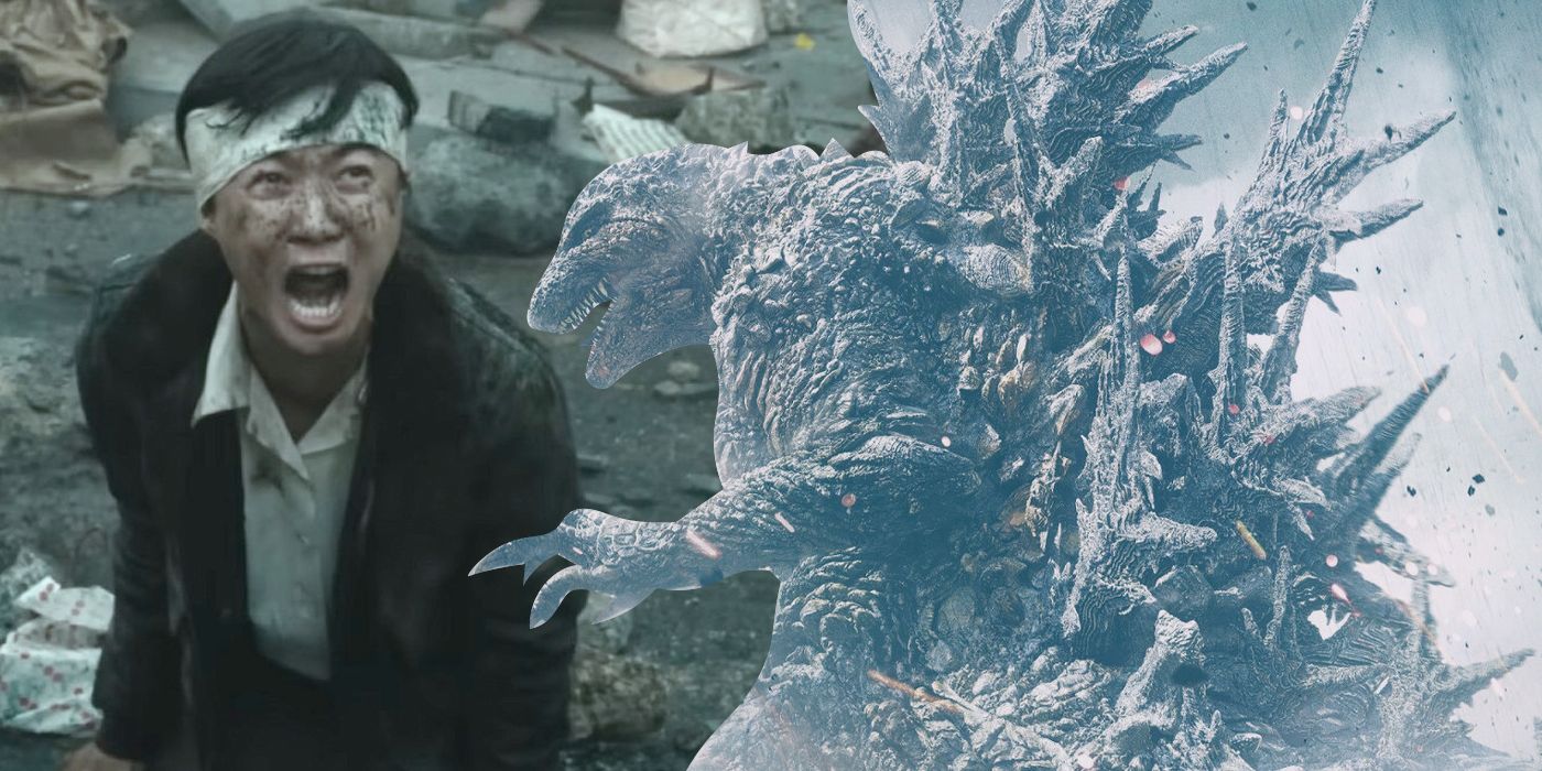 Kamiki Ryunosuke as Kōichi next to Godzilla in an edited image of Godzilla Minus One