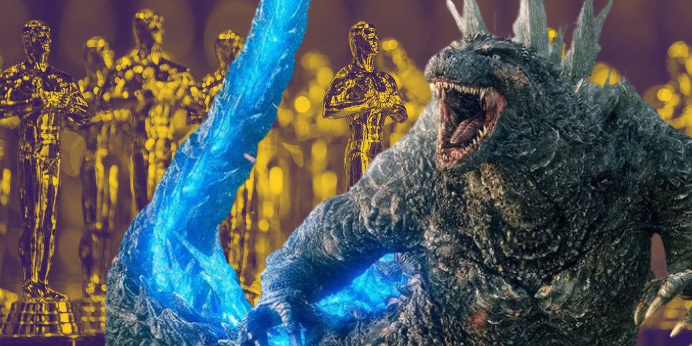 Godzilla alongside Oscar statues.