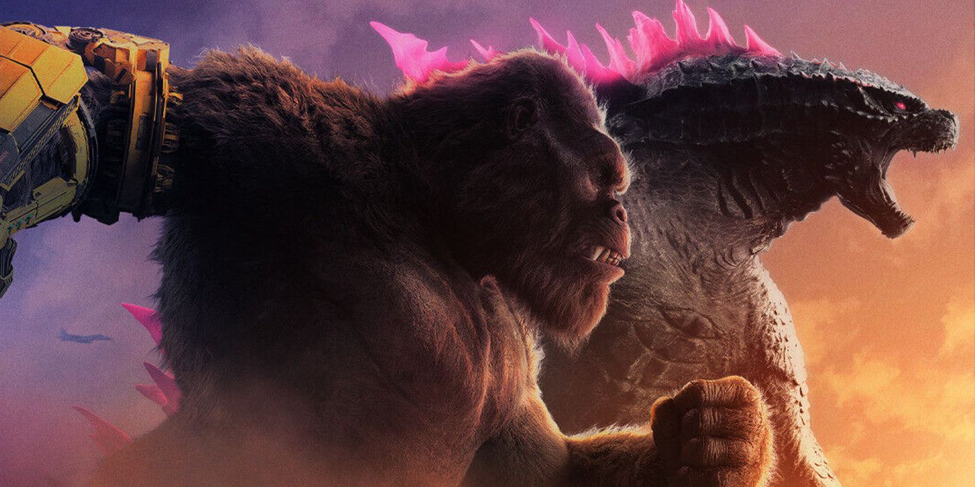 Godzilla and Kong running side by side with the sun setting in Godzilla x Kong: The New Empire