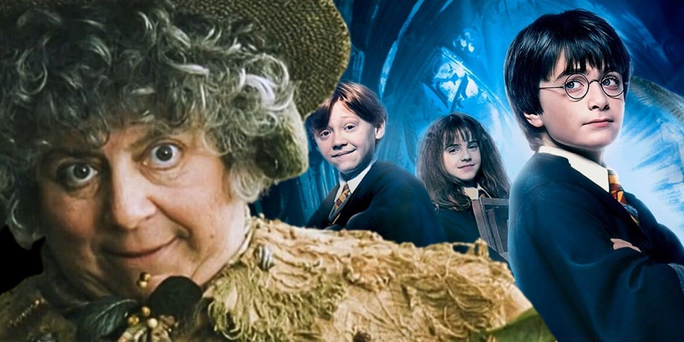 Miriam Margolyes alongside the main Harry Potter trio.
