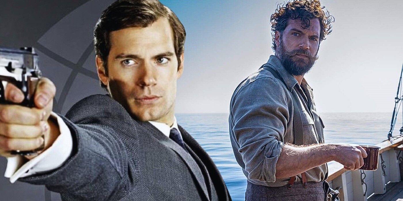 Henry Cavill looking like James Bond alongside a still from The Ministry of Ungentlemanly Warfare