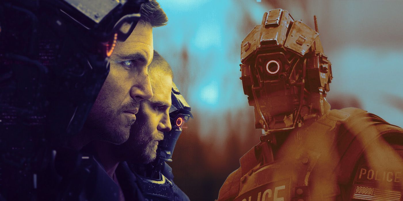 Robbie Amell as Connor Reed next to Stephen Amell as Garrett with a robot in an edited image of Code 8: Part 2