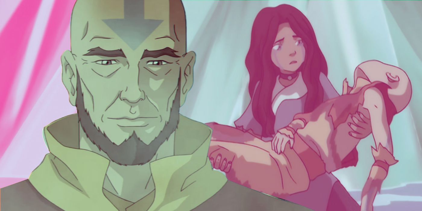 An edited image of Avatar Aang as an older man and as a young boy being held by Katara in Avatar: The Last Airbender