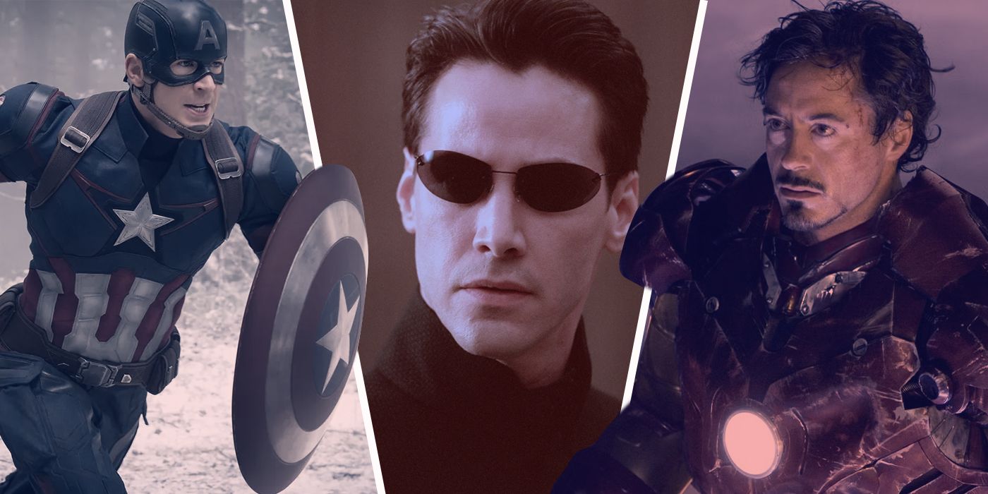 Keanu Reeves, Robert Downey Jr. and Chris Evans in The Matrix, Iron Man, and Captain America