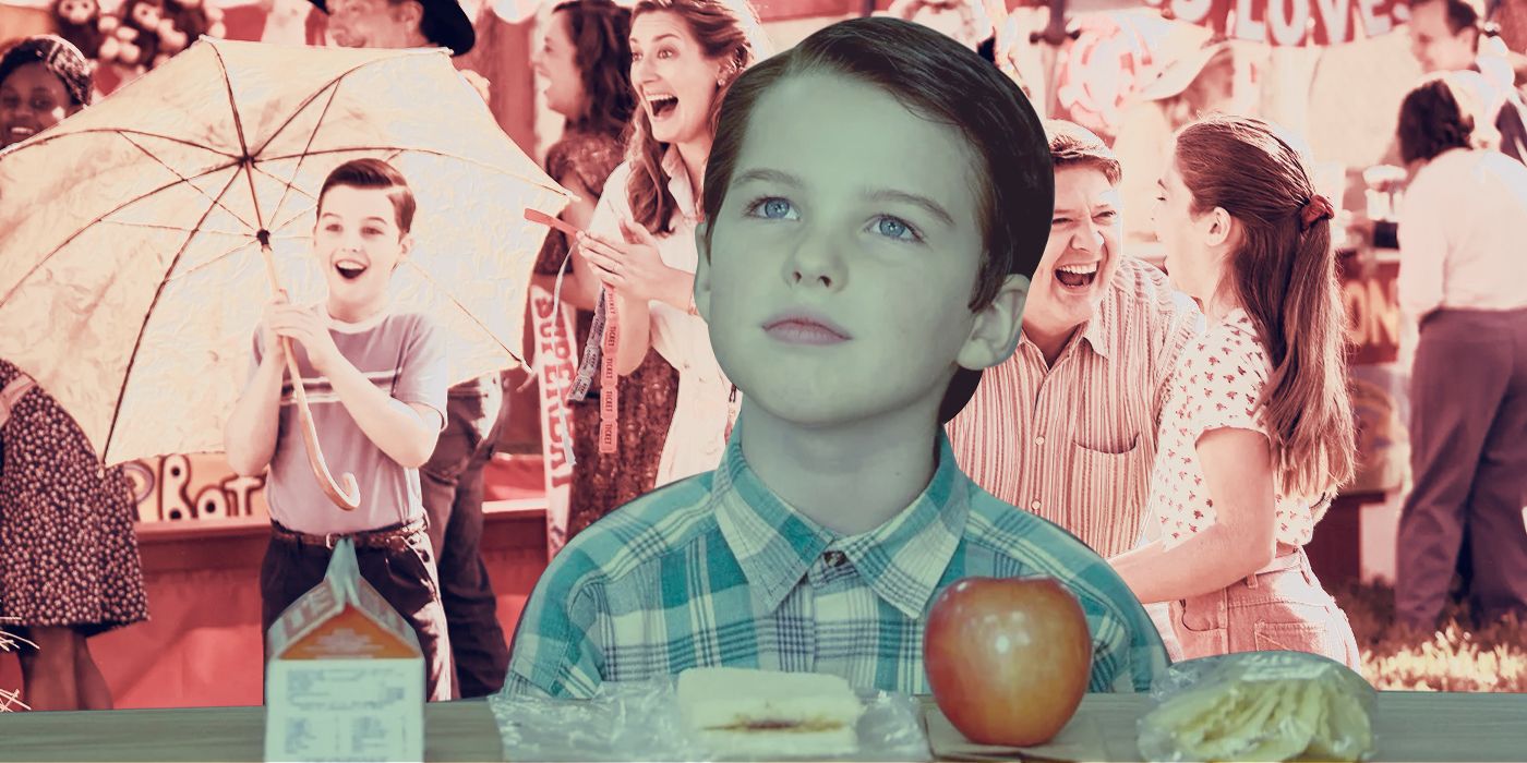 Iain Armitage as Sheldon Cooper in an edited image with Lance Barber as George and his family in the back in Young Sheldon
