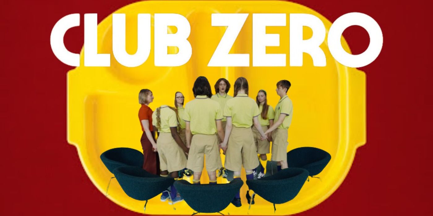 The cast of Club Zero overlayed on an empty yellow food tray